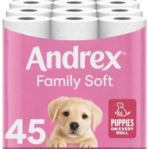 Andrex Family Soft Toilet Tissue 45 Rolls (Previously Andrex Gentle Clean) Gentle on your Family’s skin– Bulk Pack of 45 Toilet Rolls, FSC Certified