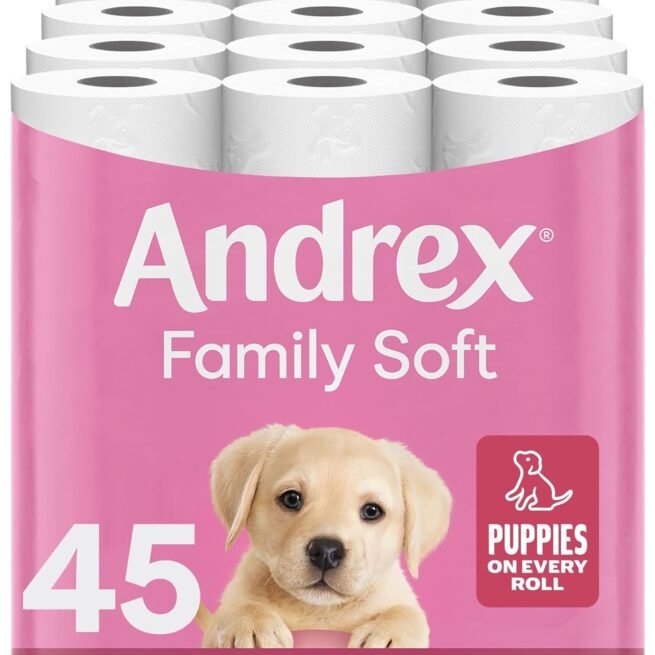 Andrex Family Soft Toilet Tissue 45 Rolls (Previously Andrex Gentle Clean) Gentle on your Family’s skin– Bulk Pack of 45 Toilet Rolls, FSC Certified