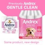 Andrex Family Soft Toilet Tissue 45 Rolls (Previously Andrex Gentle Clean) Gentle on your Family’s skin– Bulk Pack of 45 Toilet Rolls, FSC Certified
