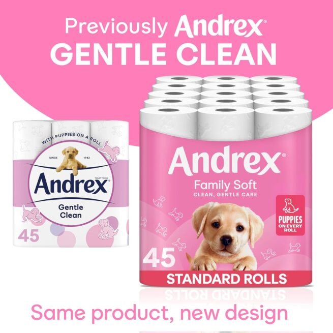 Andrex Family Soft Toilet Tissue 45 Rolls (Previously Andrex Gentle Clean) Gentle on your Family’s skin– Bulk Pack of 45 Toilet Rolls, FSC Certified