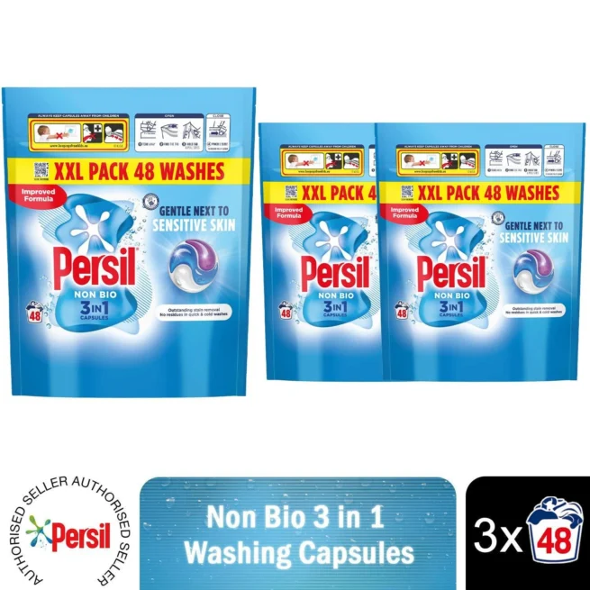 Persil Non Bio 3 in 1 Washing Capsules laundry capsules gentle next to sensitive skin for outstanding stain removal in quick & cold washes 48 washe,3pk